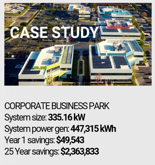 Corporate Business Park Commercial Solar - Irvine, CA - Case Study Stats Graphic