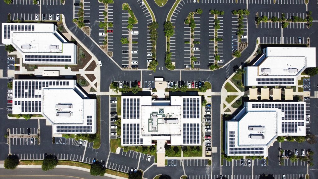 Top View - Corporate Business Park Rooftop Commercial Solar - Irvine, CA