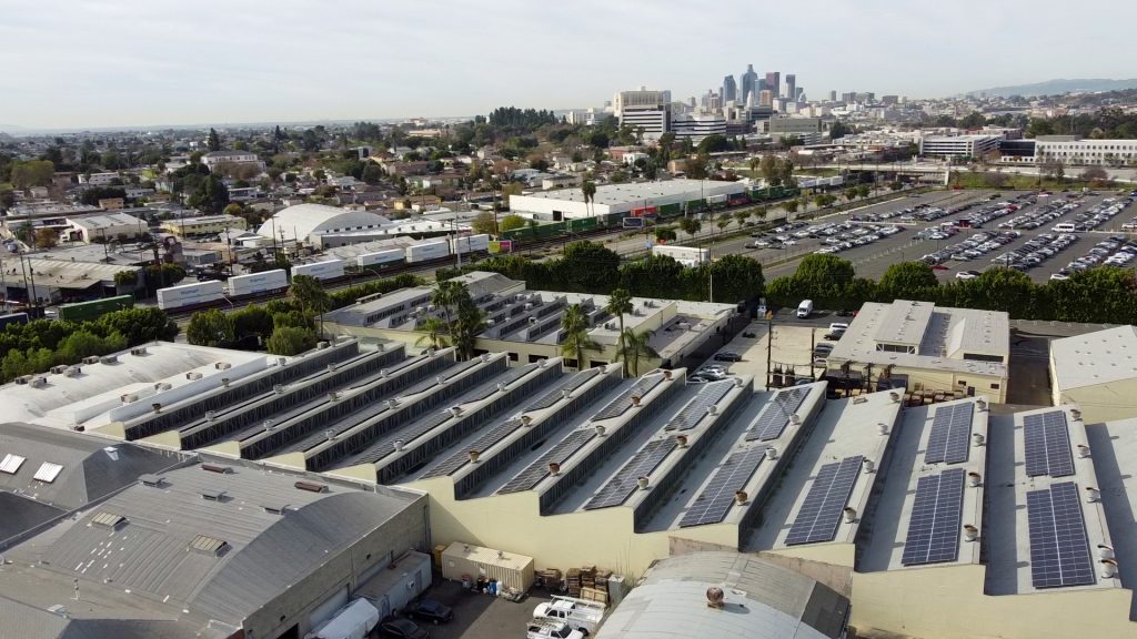 Los Angeles Commercial Solar Installation against the LA skyline