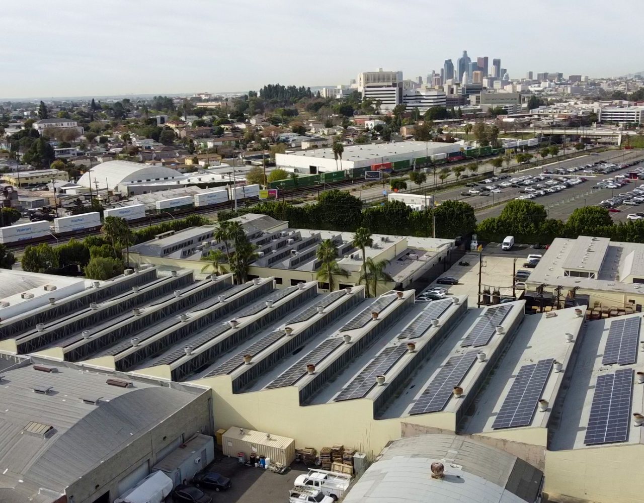 Los Angeles Commercial Solar Installation against the LA skyline