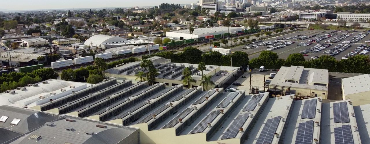 Los Angeles Commercial Solar Installation against the LA skyline