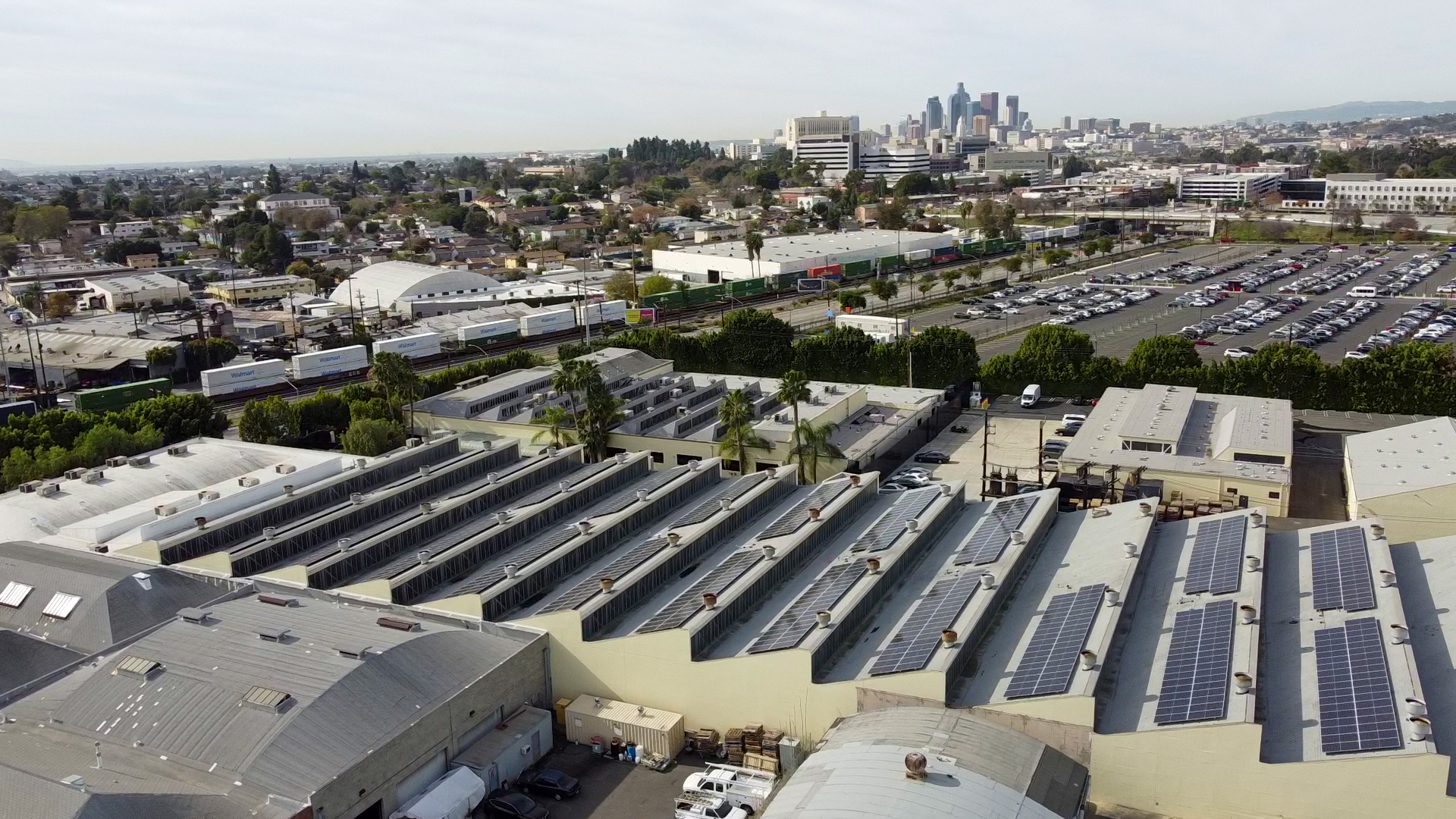 Los Angeles Commercial Solar Installation against the LA skyline