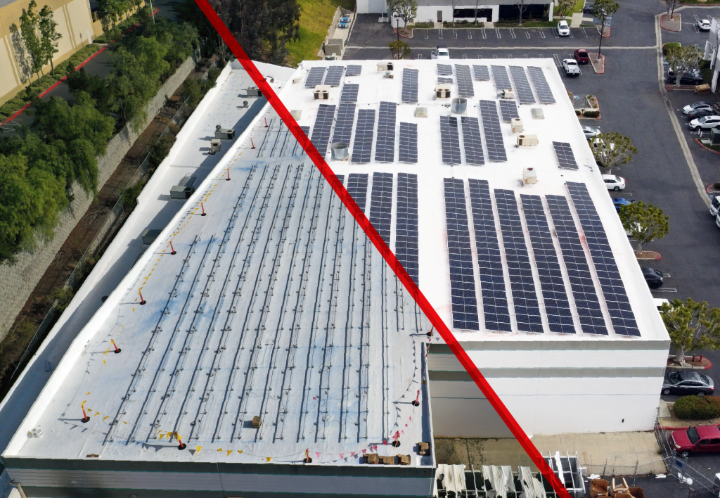 Retrofit commercial roof and solar installed on a commercial building