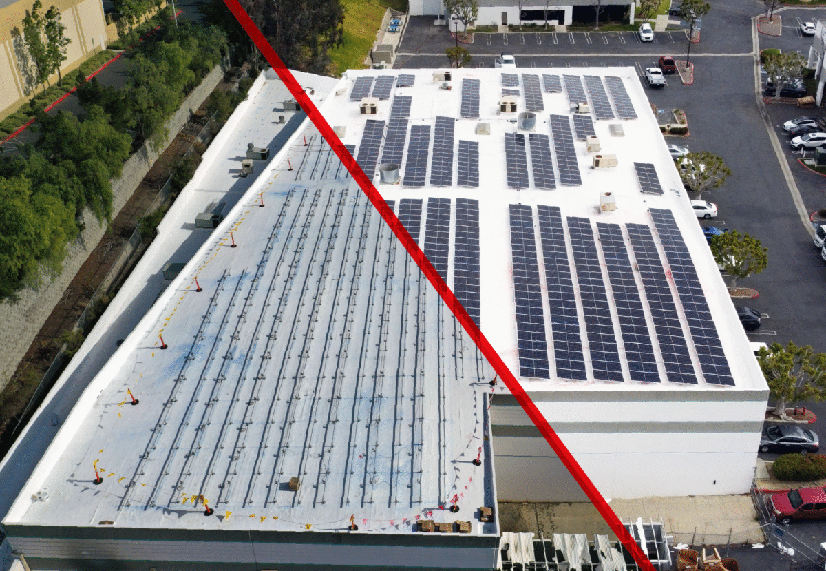 Retrofit commercial roof and solar installed on a commercial building