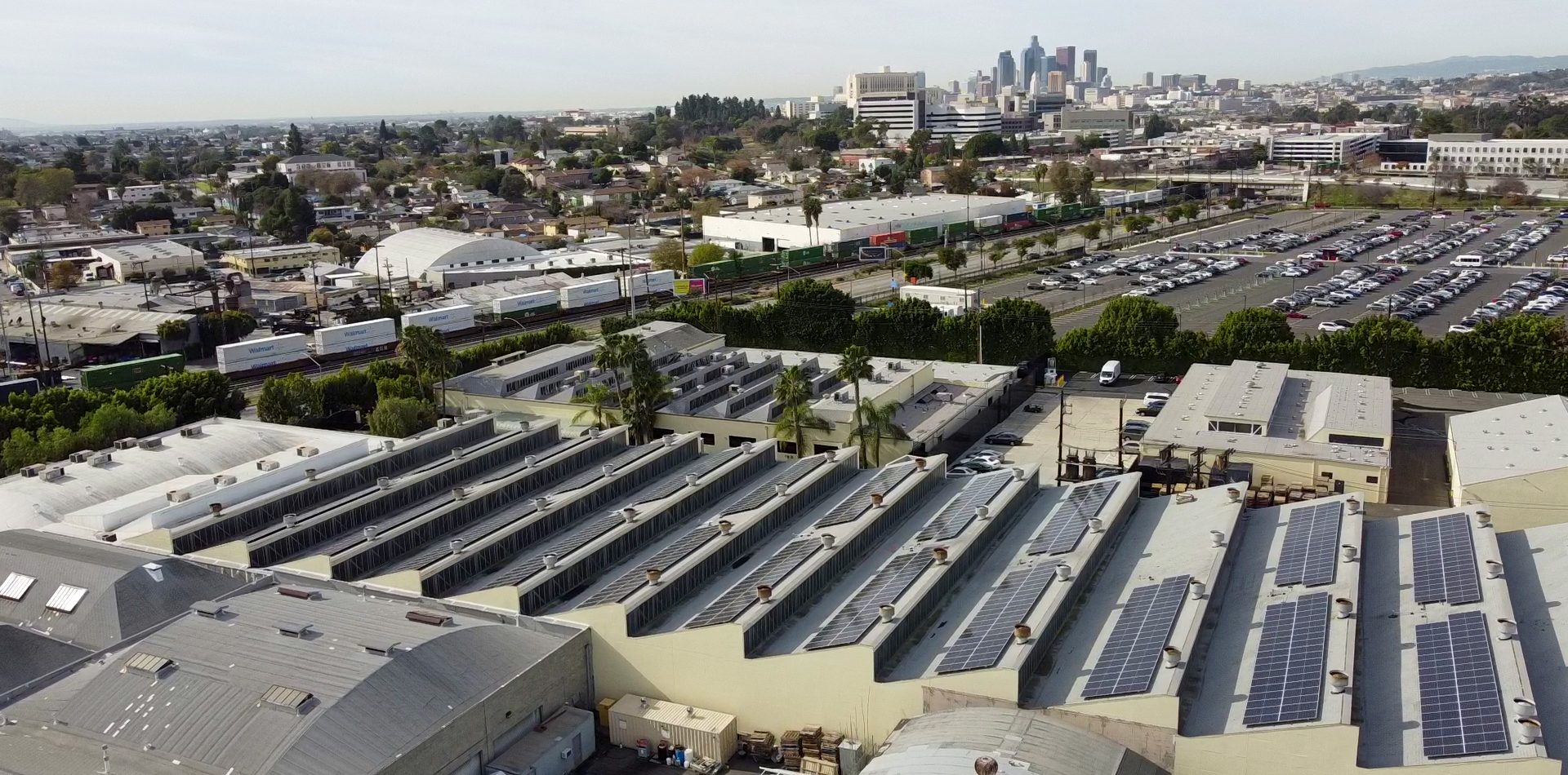 Los Angeles Commercial Solar Installation against the LA skyline